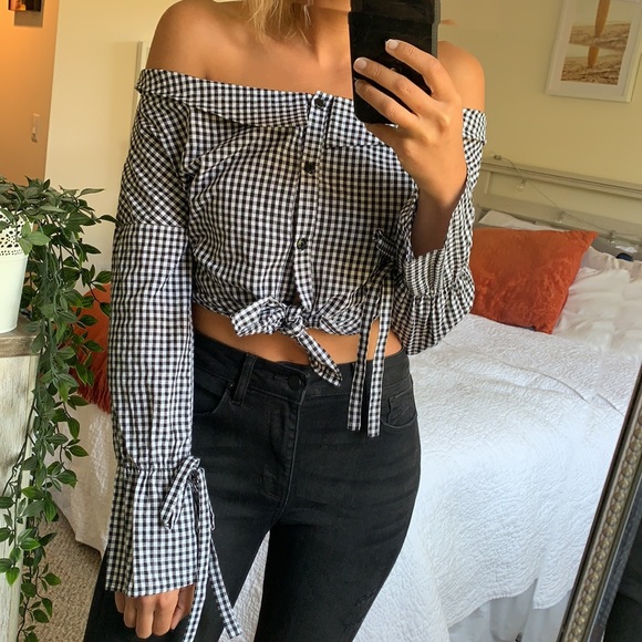 Tops | Black And White Checker Off Shoulders Top | Poshmark